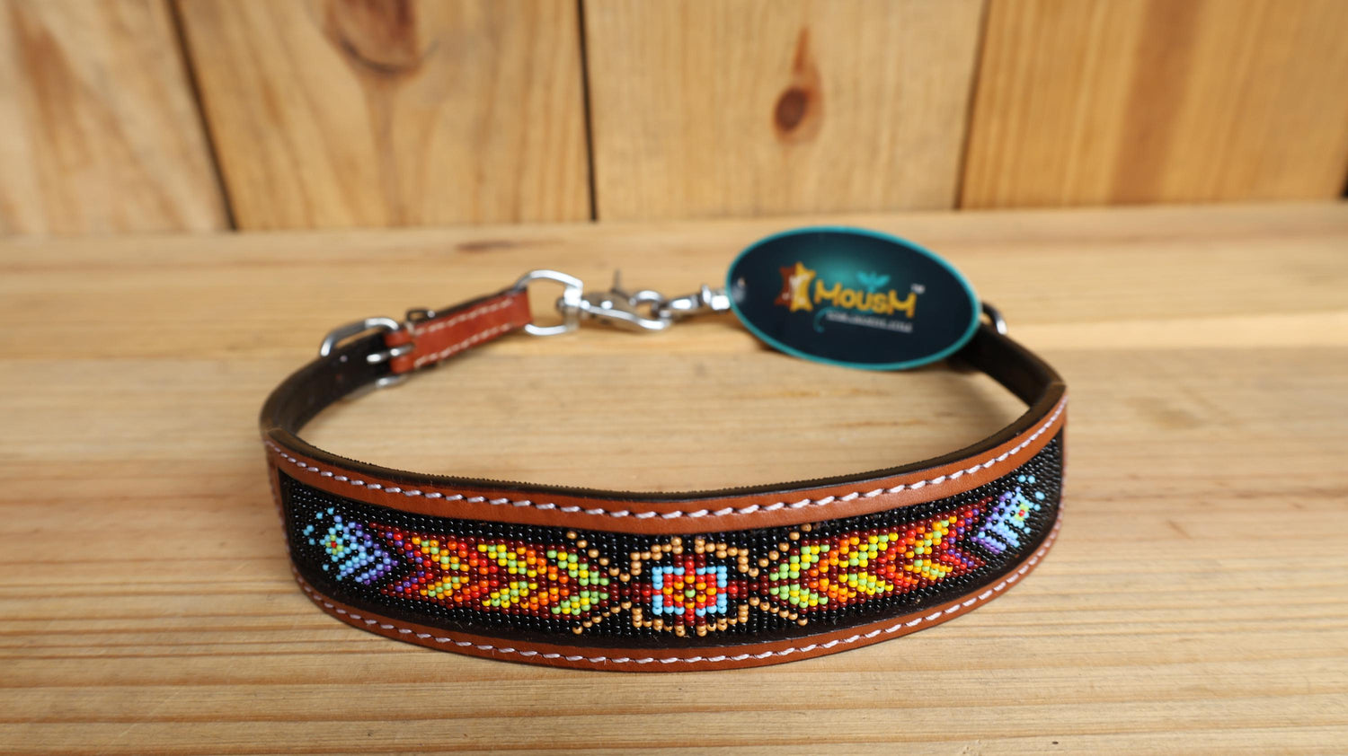 Beaded inlay Headstall tack Premium Leather Headstall and Breast Collar with geometrical red yellow orange beaded tooling pattern on black