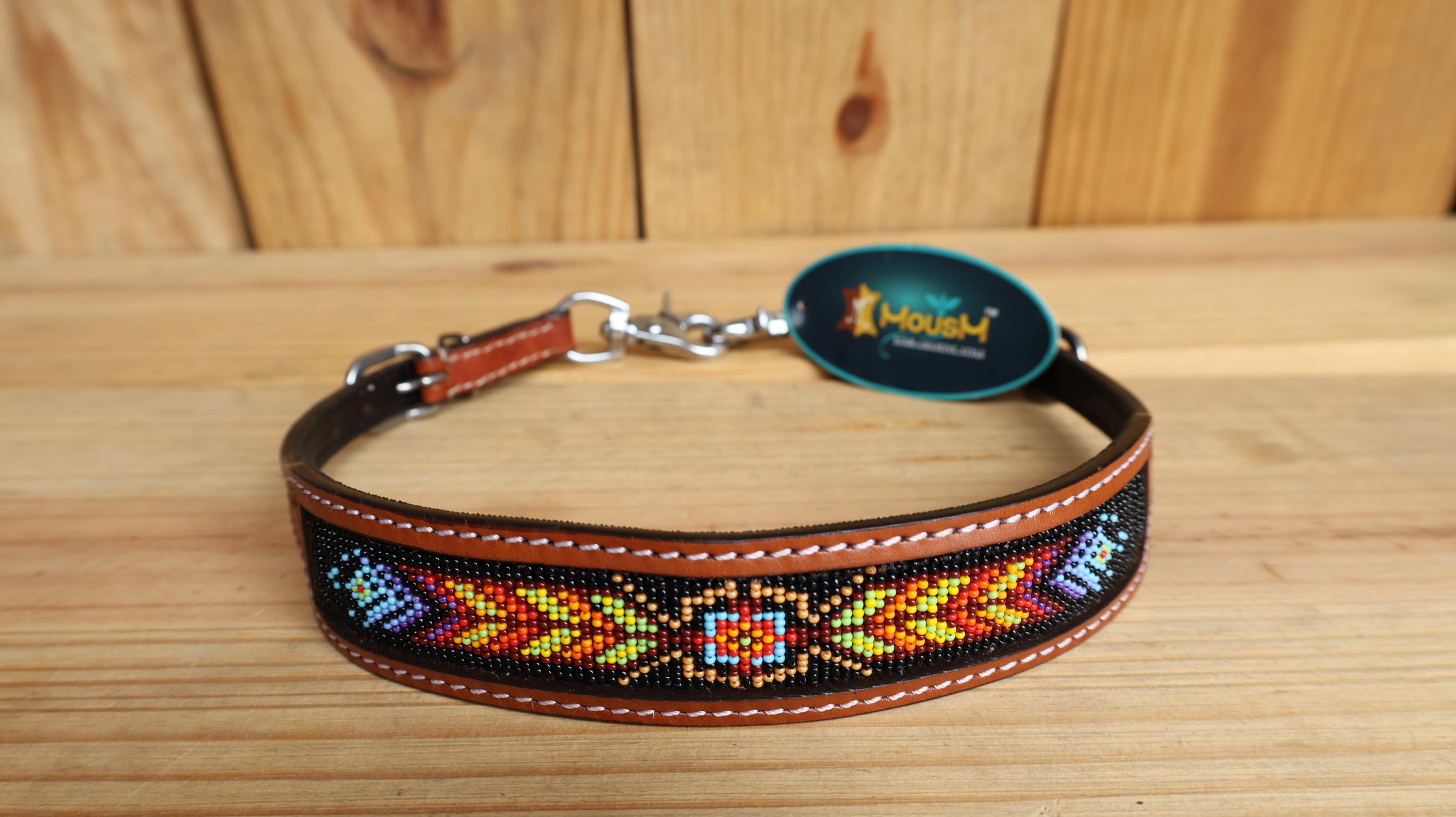 Beaded inlay Headstall tack Premium Leather Headstall and Breast Collar with geometrical red yellow orange beaded tooling pattern on black