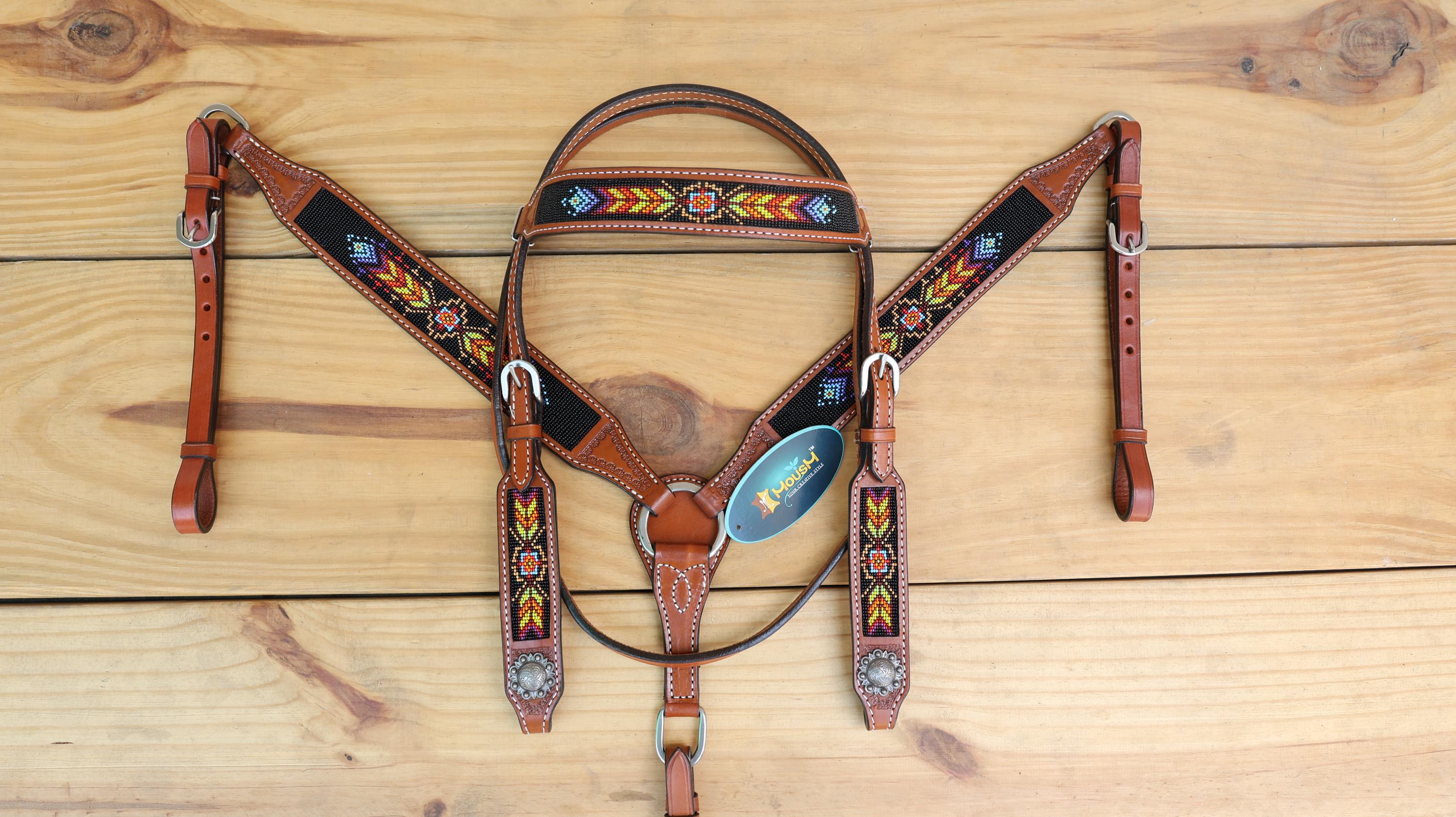 Beaded inlay Headstall tack Premium Leather Headstall and Breast Collar with geometrical red yellow orange beaded tooling pattern on black