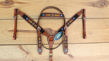 Beaded inlay Headstall tack Premium Leather Headstall and Breast Collar with geometrical red yellow orange beaded tooling pattern on black