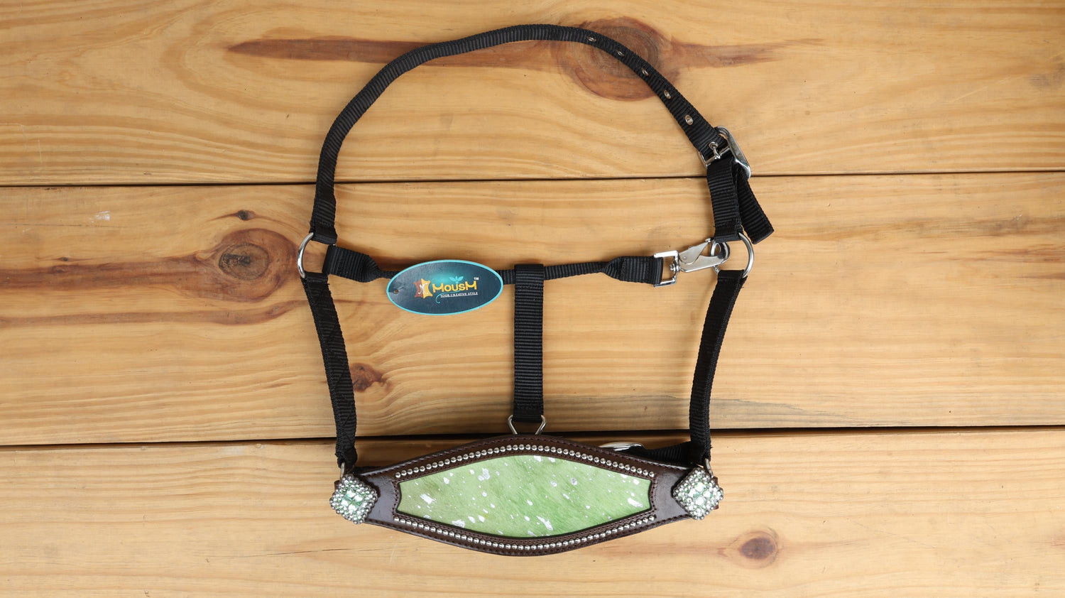 leather Bronc Halter for Horses, Leather Horse Noseband Decorated with lime green metallic acid wash cowhide look by Mousm