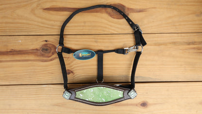 leather Bronc Halter for Horses, Leather Horse Noseband Decorated with lime green metallic acid wash cowhide look by Mousm