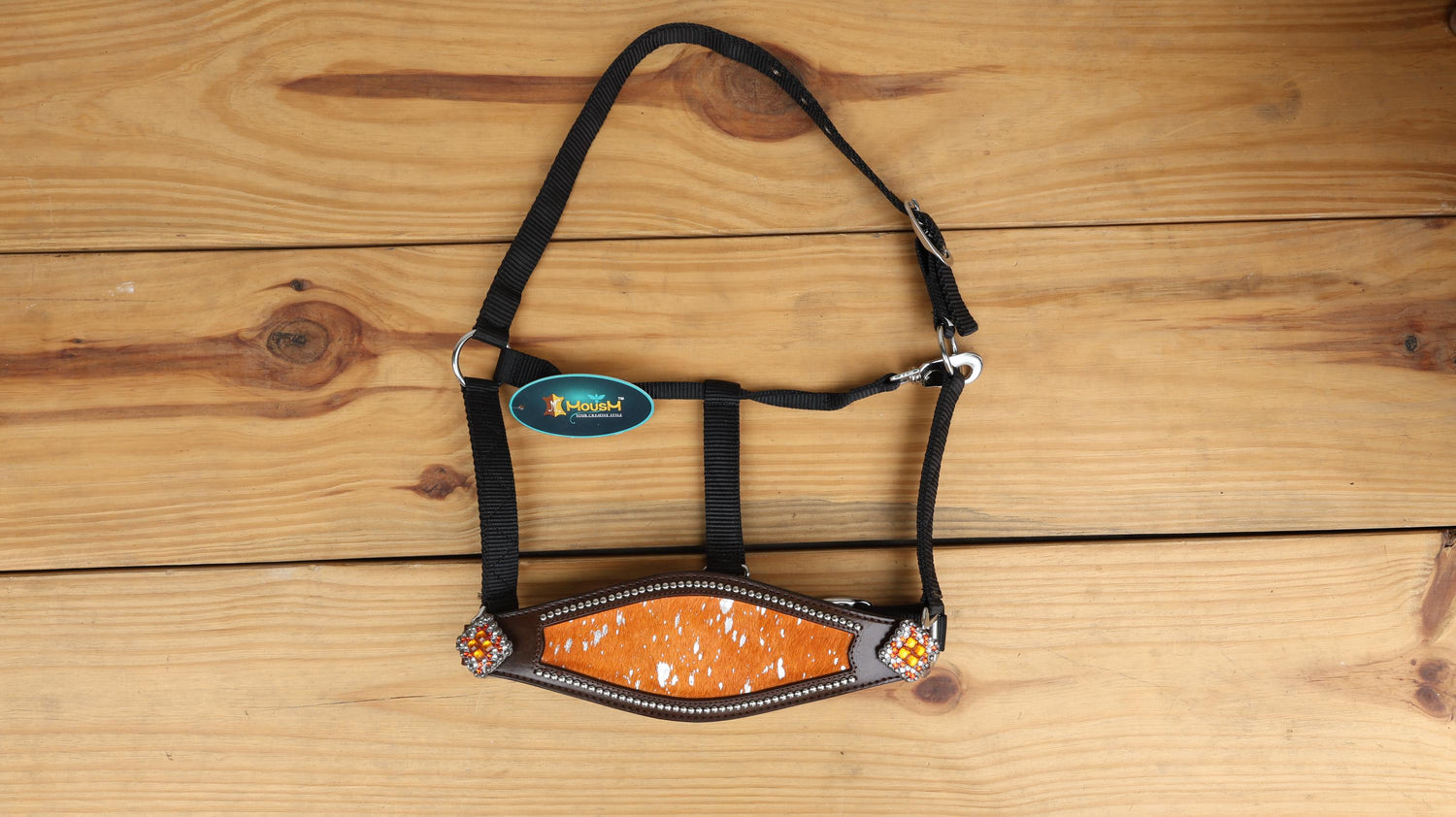 leather Bronc Halter for Horses, Leather Horse Noseband Decorated with Orange metallic acid wash cowhide look by Mousm