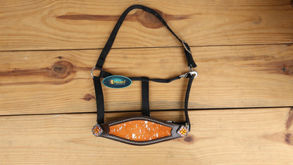 leather Bronc Halter for Horses, Leather Horse Noseband Decorated with Orange metallic acid wash cowhide look by Mousm