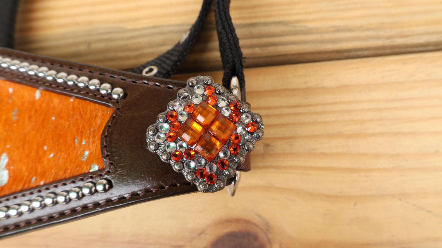 leather Bronc Halter for Horses, Leather Horse Noseband Decorated with Orange metallic acid wash cowhide look by Mousm