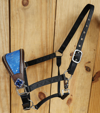 leather Bronc Halter for Horses, Leather Horse Noseband Decorated with Royal blue metallic acid wash cowhide look by Mousm