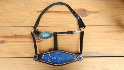 leather Bronc Halter for Horses, Leather Horse Noseband Decorated with Royal blue metallic acid wash cowhide look by Mousm