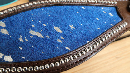 leather Bronc Halter for Horses, Leather Horse Noseband Decorated with Royal blue metallic acid wash cowhide look by Mousm