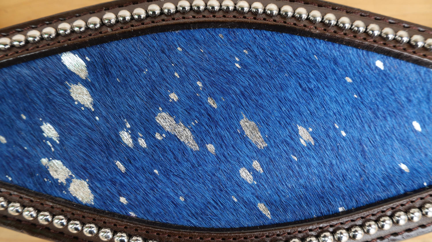 leather Bronc Halter for Horses, Leather Horse Noseband Decorated with Royal blue metallic acid wash cowhide look by Mousm
