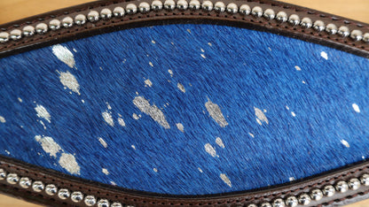 leather Bronc Halter for Horses, Leather Horse Noseband Decorated with Royal blue metallic acid wash cowhide look by Mousm