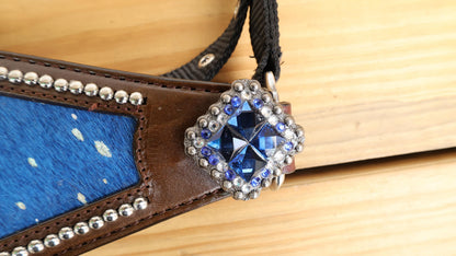 leather Bronc Halter for Horses, Leather Horse Noseband Decorated with Royal blue metallic acid wash cowhide look by Mousm