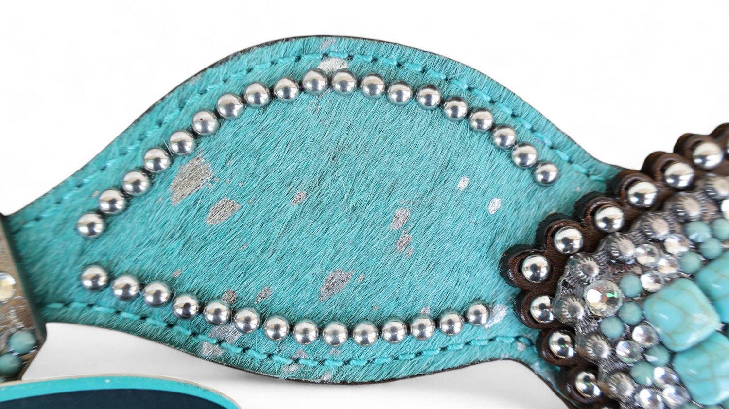 Spur strap Leather Ladies Spur strap decorated with turquoise Teal metallic acid wash cowhide look by Mousm