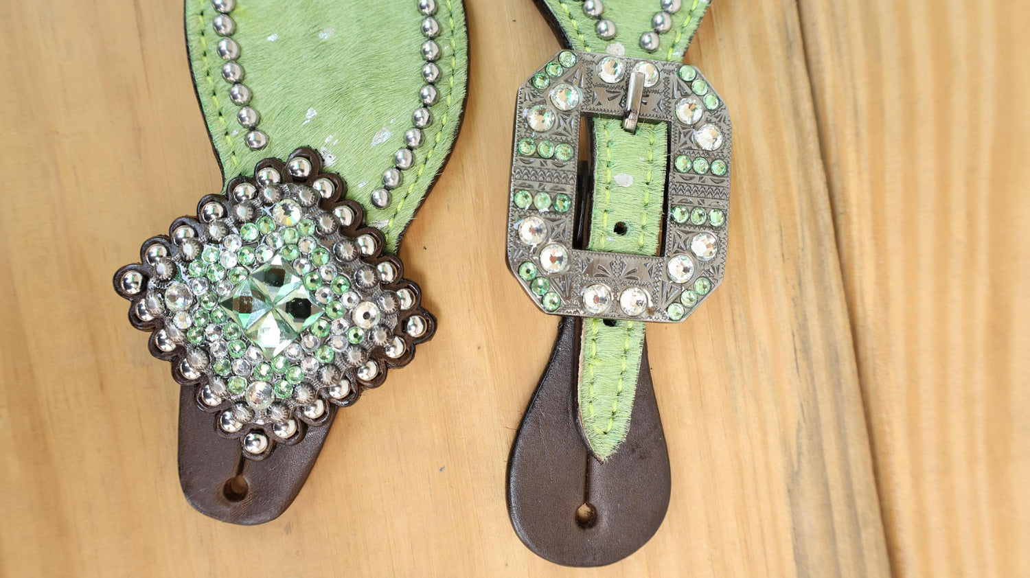 Spur strap Leather Ladies Spur strap decorated with Lime Green metallic acid wash cowhide look by Mousm