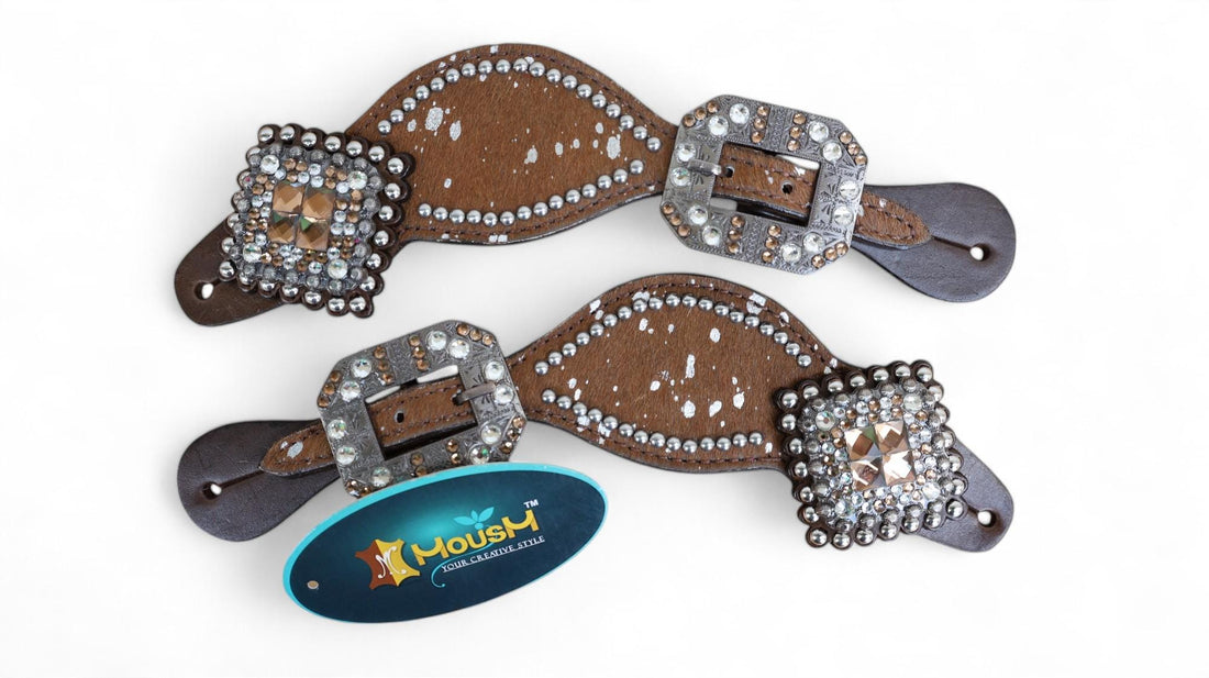 MOUSM Western Spur Straps – Argentina Cow Leather Ladies Spur Straps Decorated with Tan Brown Metallic Acid Wash Cowhide &amp; Antique Nickel Hardware
