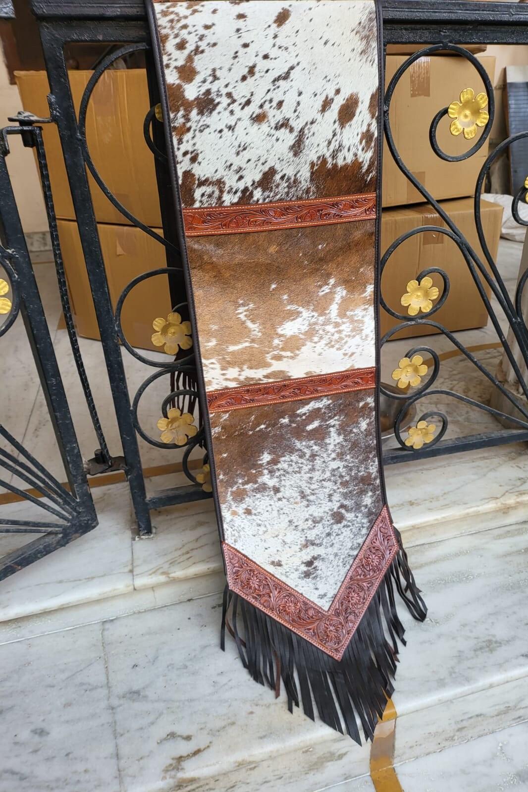 Cow Hide table runner Leather Table runner on real acid wash white brown cowhide with laser cut engraved and tooled real leather patch