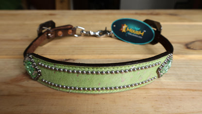 leather Wither Strap for horse. Wither Strap decorated with Lime Green metallic acid wash cowhide look by MOUSM