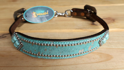 leather Wither Strap for horse. Wither Strap decorated with turquoise / teal metallic acid wash cowhide look by MOUSM