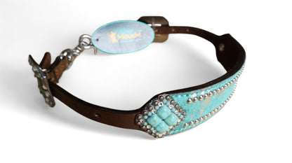 leather Wither Strap for horse. Wither Strap decorated with turquoise / teal metallic acid wash cowhide look by MOUSM