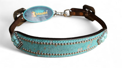 leather Wither Strap for horse. Wither Strap decorated with turquoise / teal metallic acid wash cowhide look by MOUSM