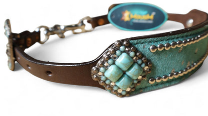 leather Wither Strap for horse. Wither Strap decorated with turquoise / teal metallic acid wash cowhide look by MOUSM