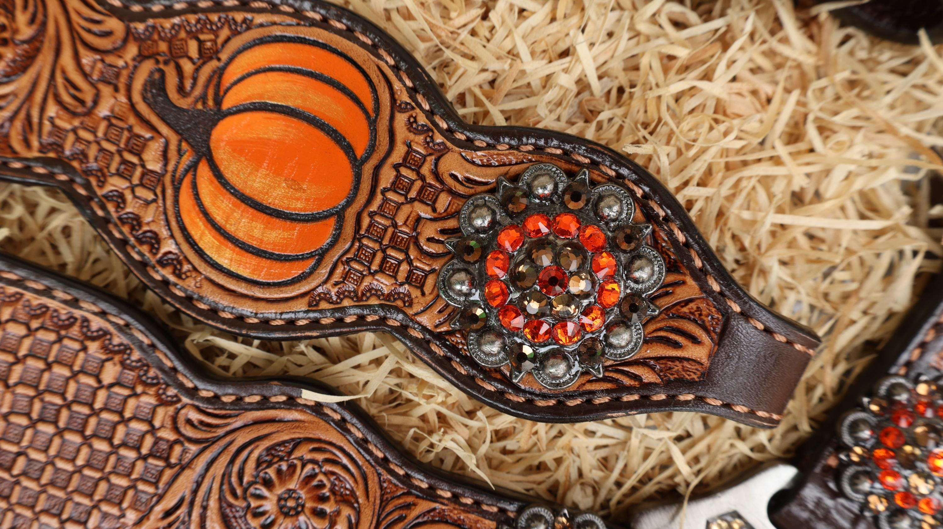 MOUSM Spooky Western Horse Tack Collection – Decorated with Hand-Painted Halloween Pumpkin, Window Tooling &amp; Floral Carving with Rhinestone Conchos