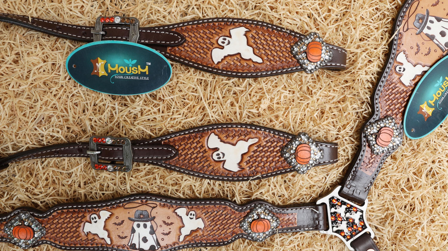 MOUSM Spooky Western Leather Horse Tack Collection – Headstall &amp; Breast Collar Set Decorated with Hand-Painted Cowboy Ghost, Basket Tooling &amp; Pumpkin Rhinestone Conchos