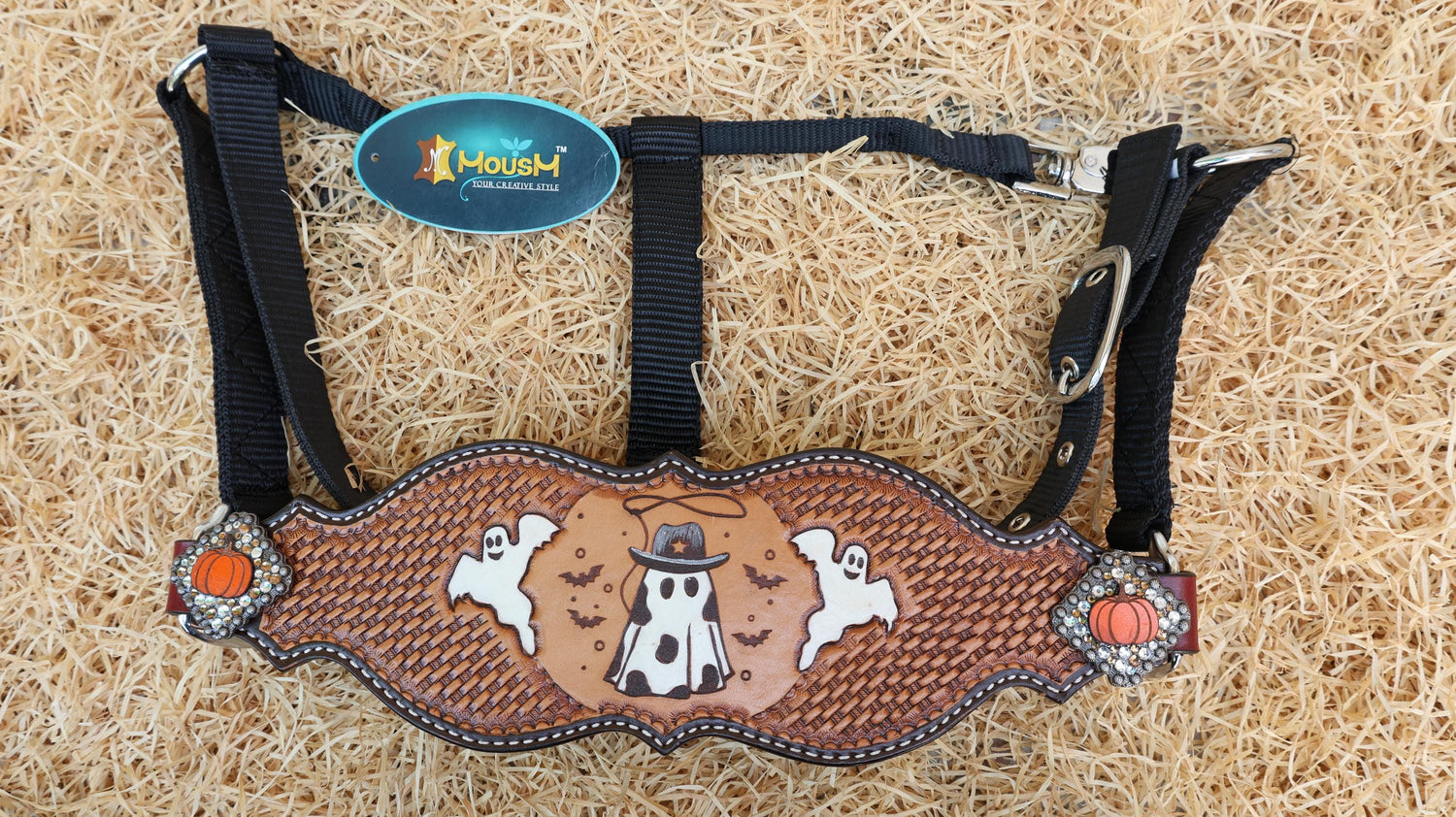MOUSM Spooky Western Leather Horse Tack Collection – Headstall &amp; Breast Collar Set Decorated with Hand-Painted Cowboy Ghost, Basket Tooling &amp; Pumpkin Rhinestone Conchos