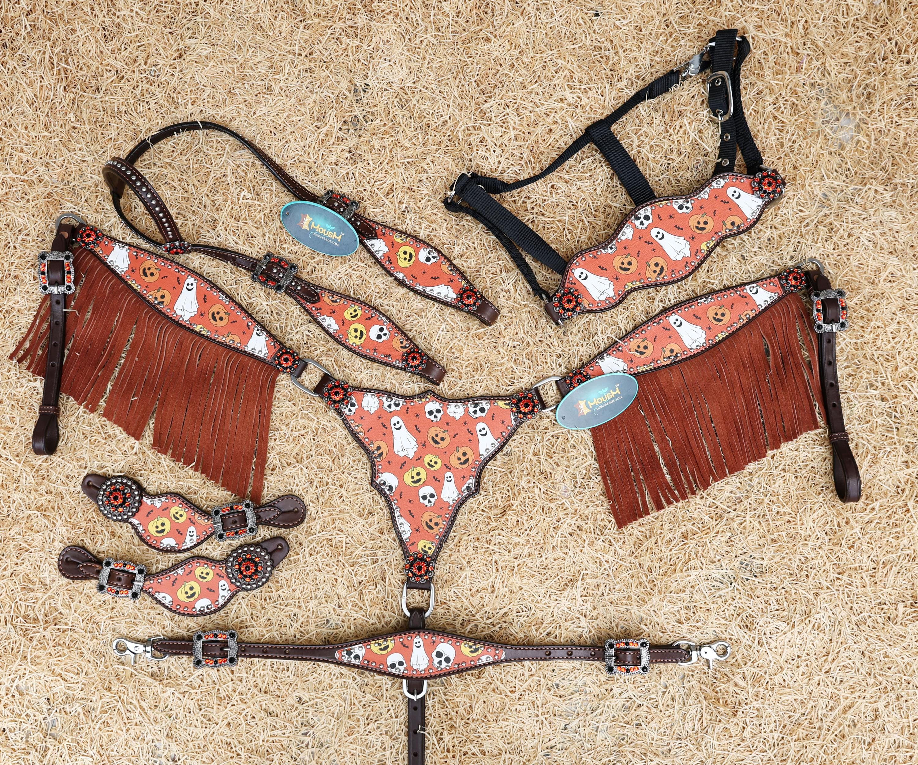 MOUSM Spooky Western Leather Horse Tack Set – Headstall &amp; Breast Collar Decorated with Halloween Pumpkin, Ghost &amp; Bats Print with Black-orange Rhinestone, Leather Fringe