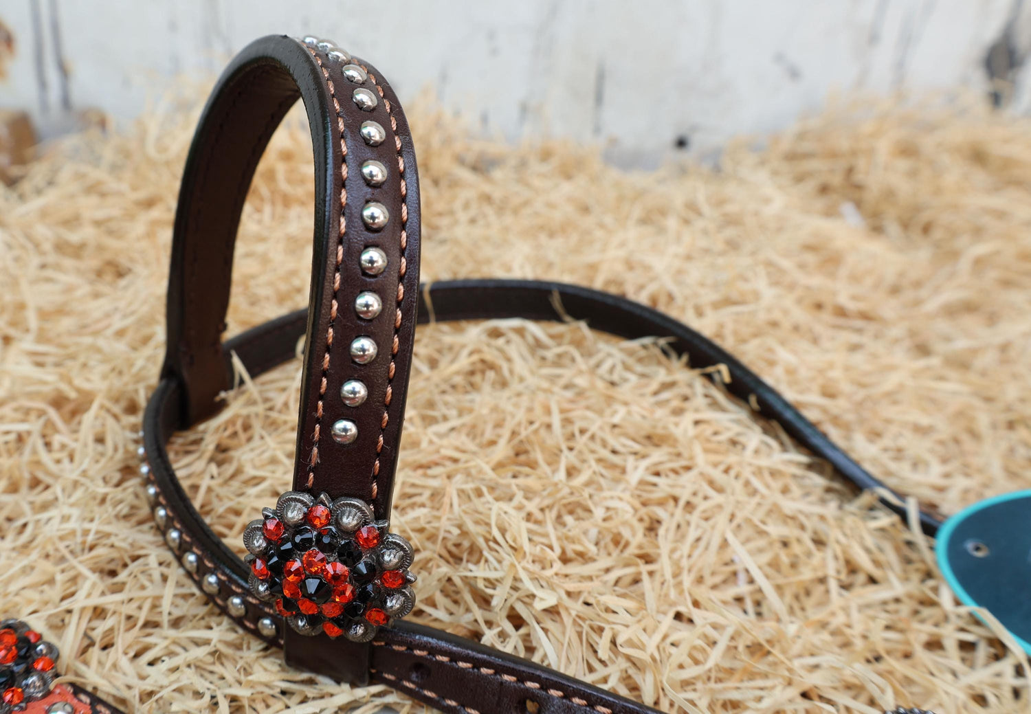 MOUSM Spooky Western Leather Horse Tack Set – Headstall &amp; Breast Collar Decorated with Halloween Pumpkin, Ghost &amp; Bats Print with Black-orange Rhinestone, Leather Fringe