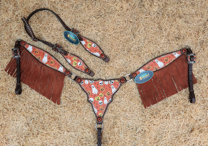MOUSM Spooky Western Leather Horse Tack Set – Headstall &amp; Breast Collar Decorated with Halloween Pumpkin, Ghost &amp; Bats Print with Black-orange Rhinestone, Leather Fringe