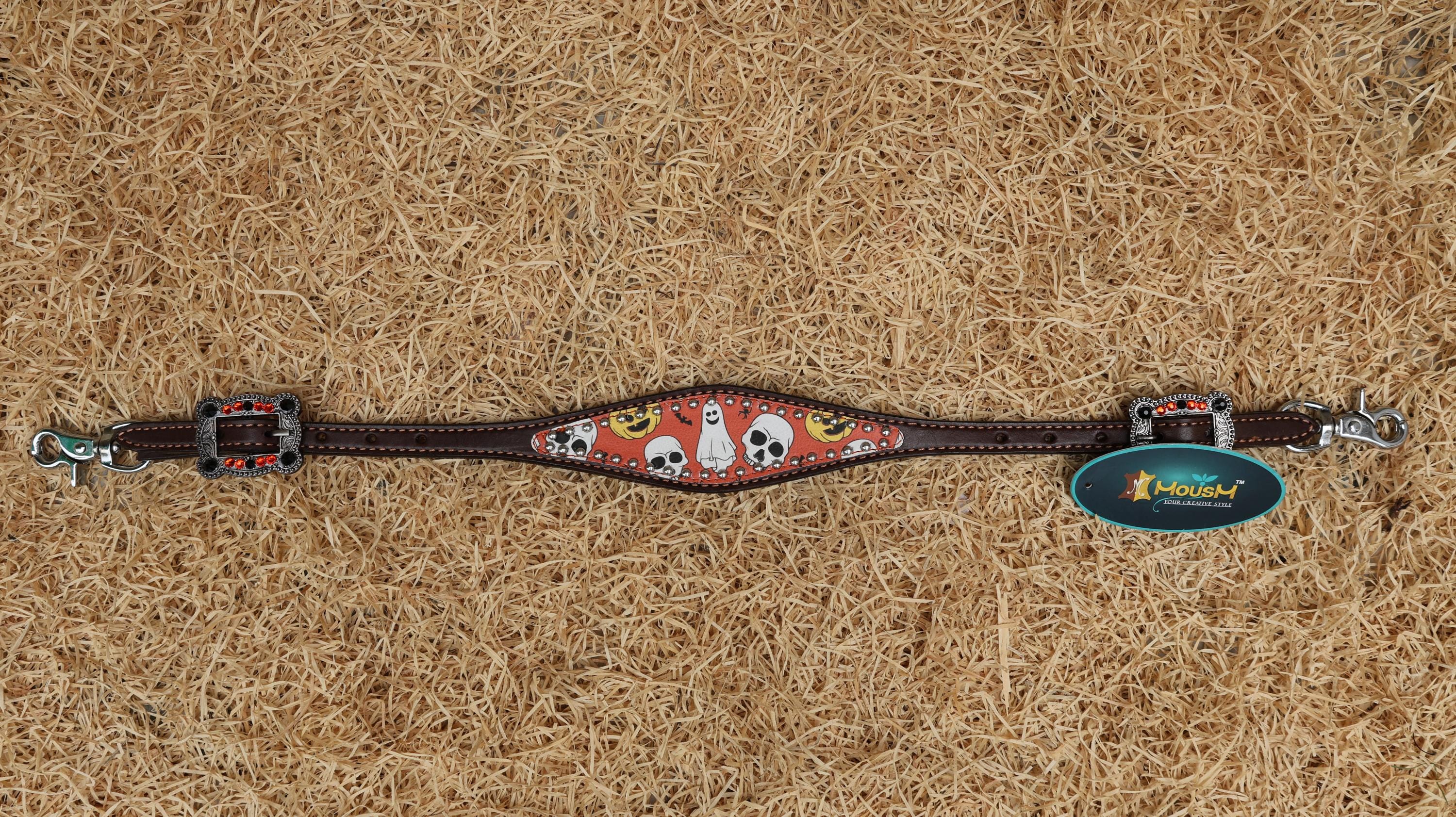 MOUSM Spooky Western Leather Horse Tack Set – Headstall &amp; Breast Collar Decorated with Halloween Pumpkin, Ghost &amp; Bats Print with Black-orange Rhinestone, Leather Fringe