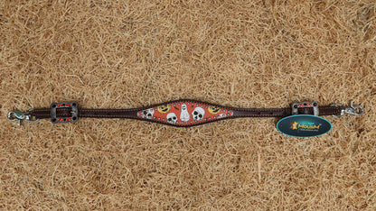 MOUSM Spooky Western Leather Horse Tack Set – Headstall &amp; Breast Collar Decorated with Halloween Pumpkin, Ghost &amp; Bats Print with Black-orange Rhinestone, Leather Fringe