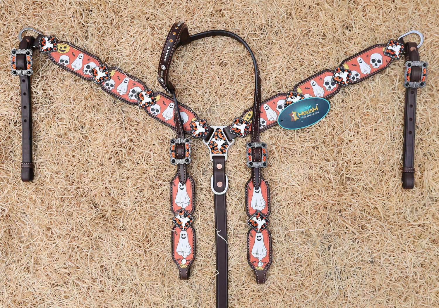 Halloween Headstall tack set decoration ghost and skulls with orange background print with ghost rhinestone concho Spooky Western Tack MOUSM