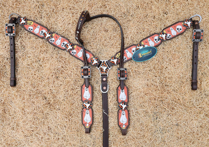 Halloween Headstall tack set decoration ghost and skulls with orange background print with ghost rhinestone concho Spooky Western Tack MOUSM