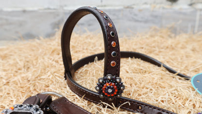 Halloween Headstall tack set decoration ghost and skulls laughing Halloween pumpkin with purple orange strip background rhinestone conchos