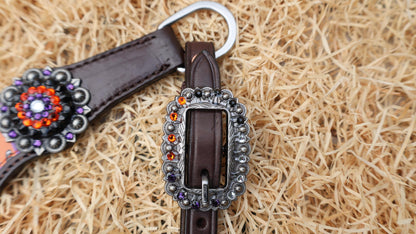 Halloween Headstall tack set decoration ghost and skulls laughing Halloween pumpkin with purple orange strip background rhinestone conchos
