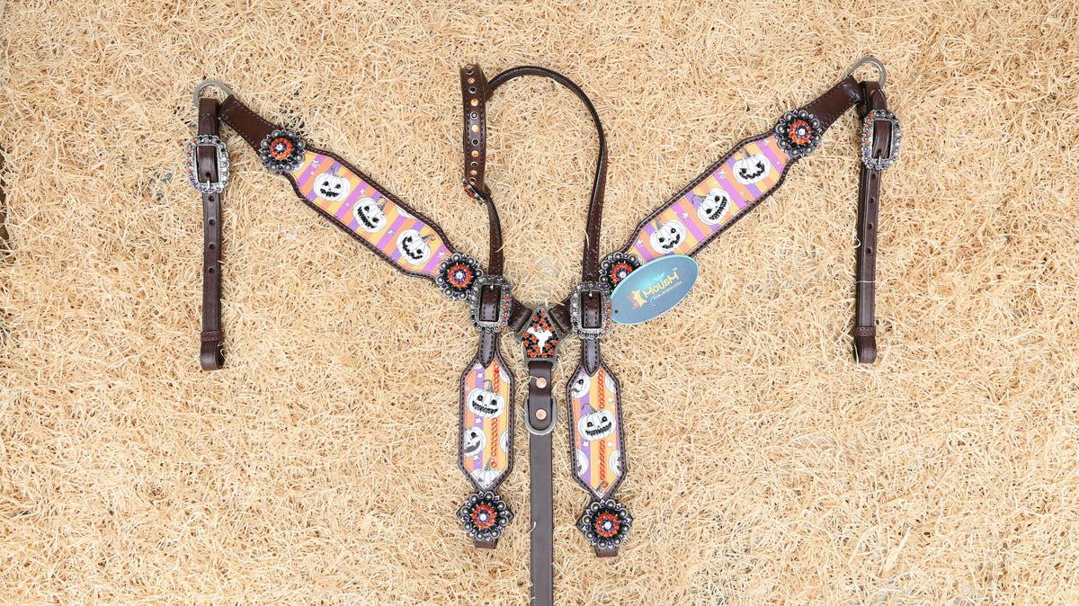 Laughing Pumpkin Print Spooky Halloween Western Headstall Set