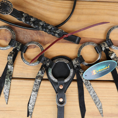 MOUSM Western Headstall and Breast Collar Set – Decorated with Engraved Antique Nickel Rings, Metallic Leopard Leather Fringe on Black Leather Braided Browband and Cheekpiece