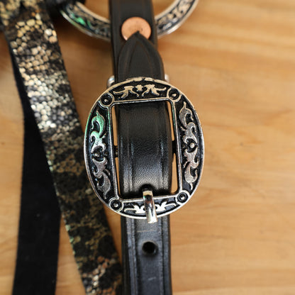 MOUSM Western Headstall and Breast Collar Set – Decorated with Engraved Antique Nickel Rings, Metallic Leopard Leather Fringe on Black Leather Braided Browband and Cheekpiece