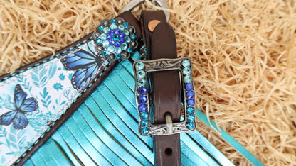 Butterfly Horse Tack, Western Leather Headstall Breast Collar tack Set with turquoise  royal blue butterfly print turquoise metallic fringe