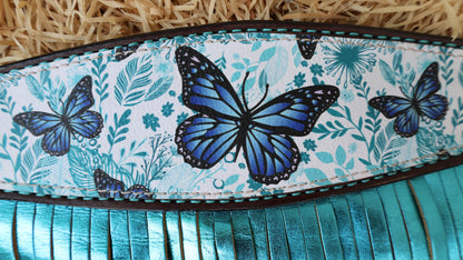 Butterfly Horse Tack, Western Leather Headstall Breast Collar tack Set with turquoise  royal blue butterfly print turquoise metallic fringe