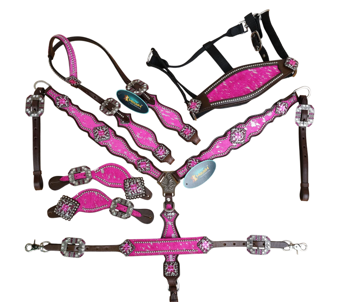 MOUSM Western Horse Tack Set - Made from Argentina Cow Leather Pink-Silver Metallic Acid Wash Cowhide Look with Rhinestones Conchos, Antique Nickel Hardware