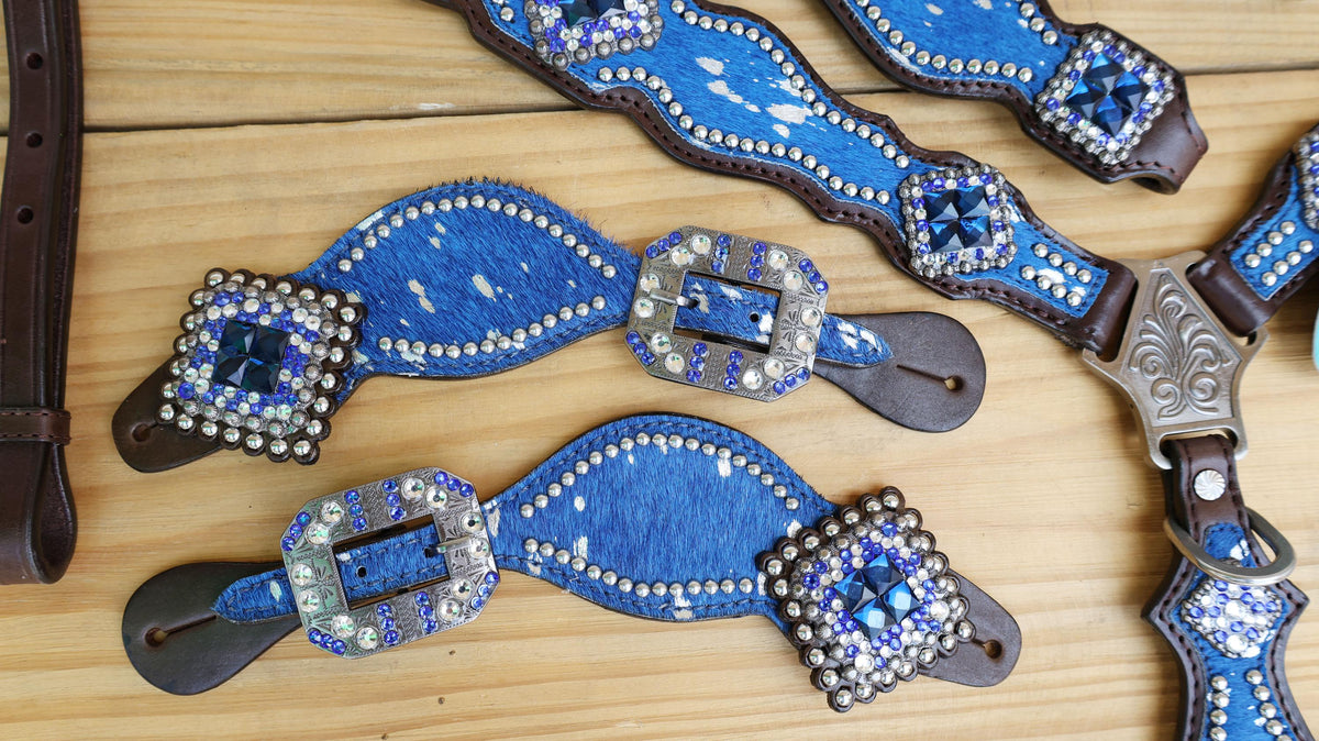 Blue Silver Metallic Acid Wash Cowhide Complete Headstall Set