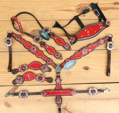 Valentine Day Western Leather Headstall and Breast Collar tack Set for the horse, headstall red silver metallic acid wash cowhide look