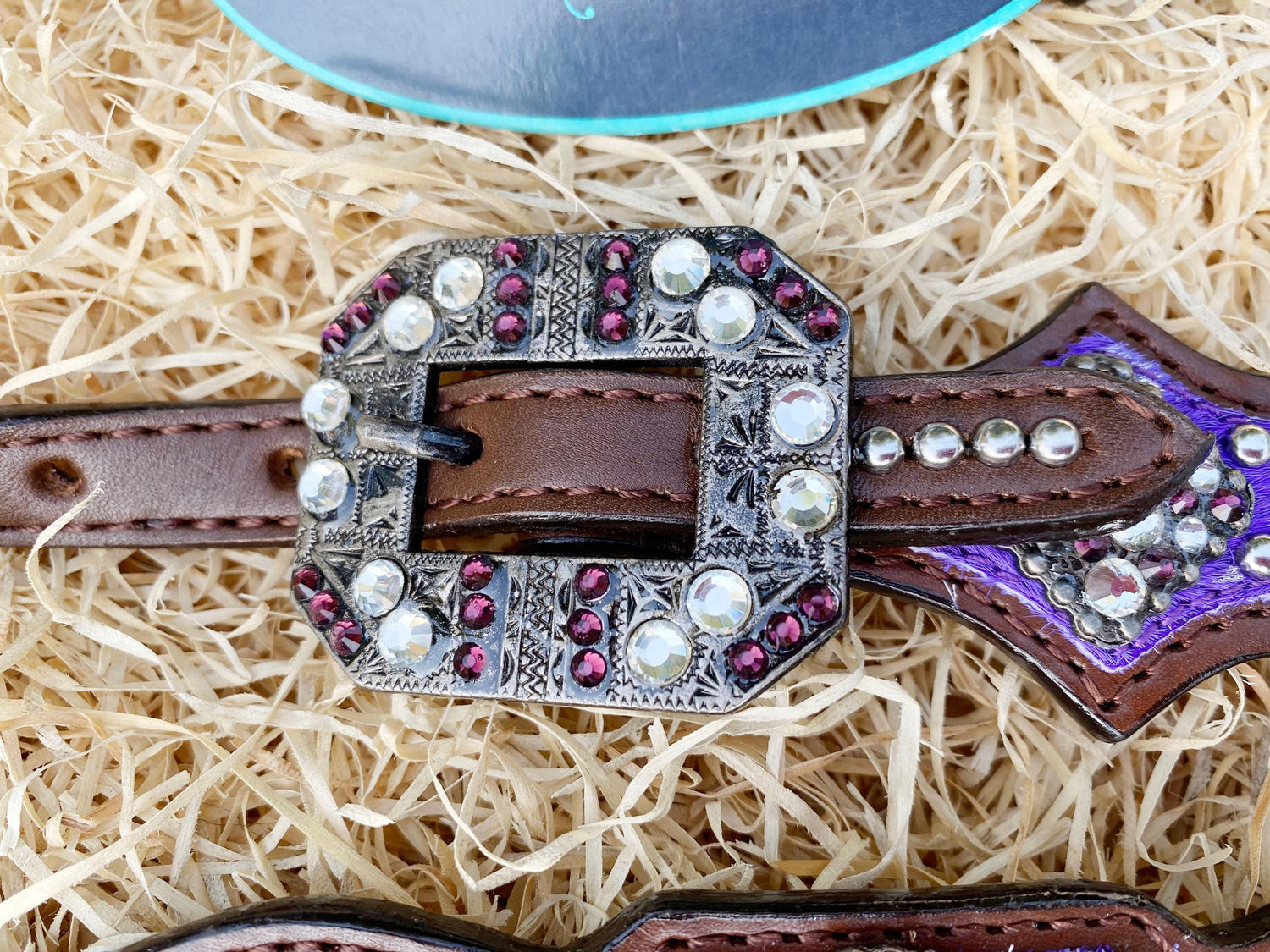 Valentine Day  Western Leather Headstall and Breast Collar tack Set for the horse, headstall purple silver metallic acid wash cowhide look