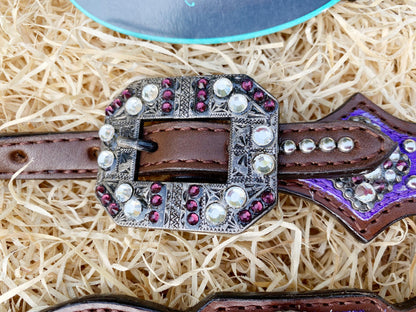 Valentine Day  Western Leather Headstall and Breast Collar tack Set for the horse, headstall purple silver metallic acid wash cowhide look