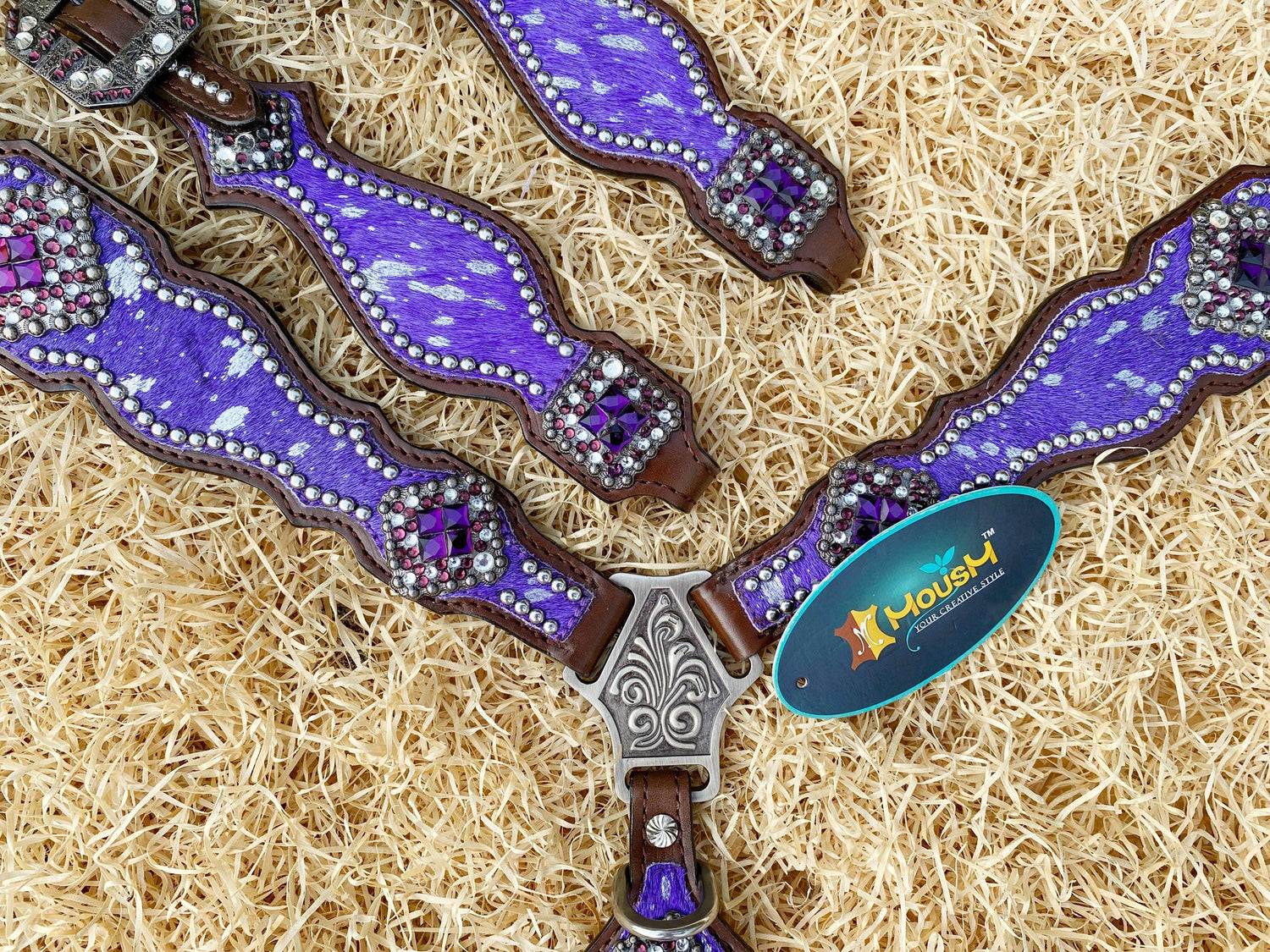 Valentine Day  Western Leather Headstall and Breast Collar tack Set for the horse, headstall purple silver metallic acid wash cowhide look