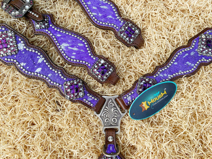 Valentine Day  Western Leather Headstall and Breast Collar tack Set for the horse, headstall purple silver metallic acid wash cowhide look