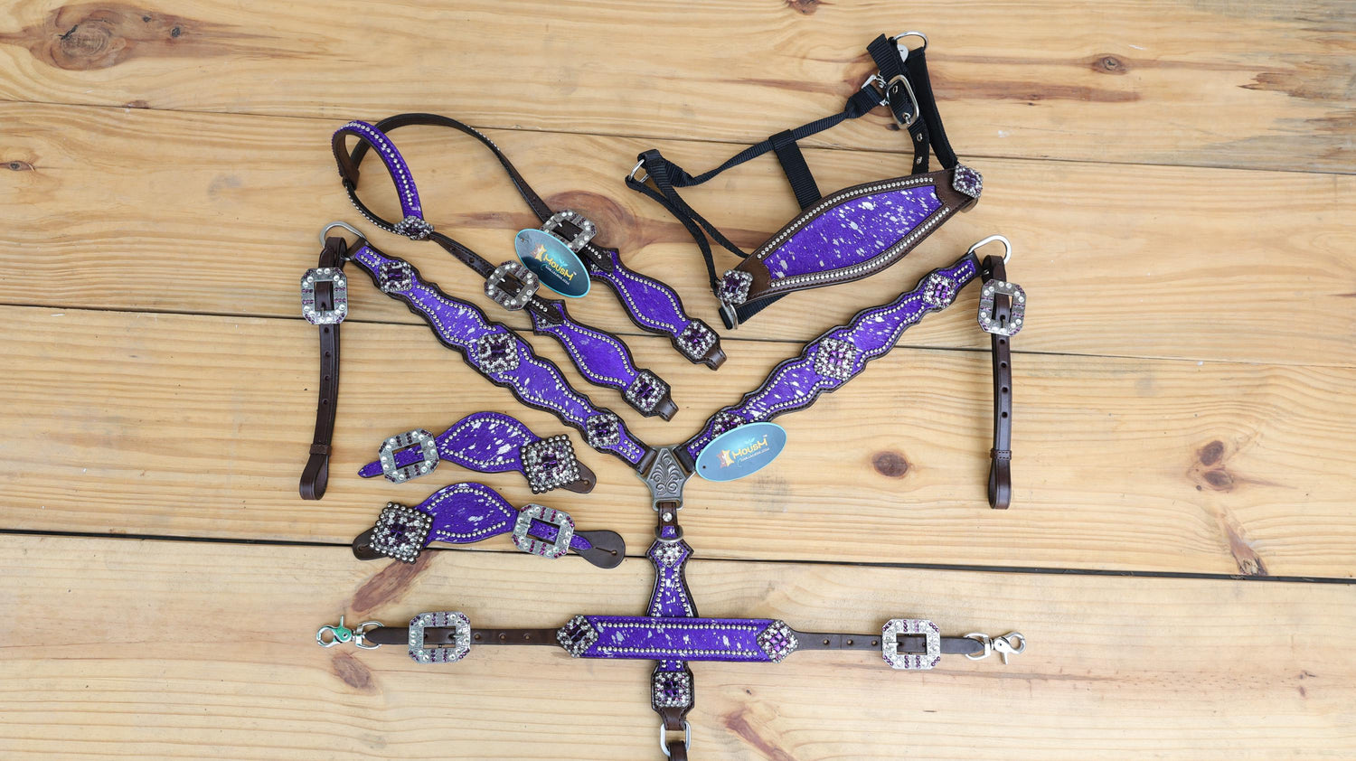 Valentine Day Western Leather Headstall and Breast Collar tack Set for the horse, headstall purple silver metallic acid wash cowhide look