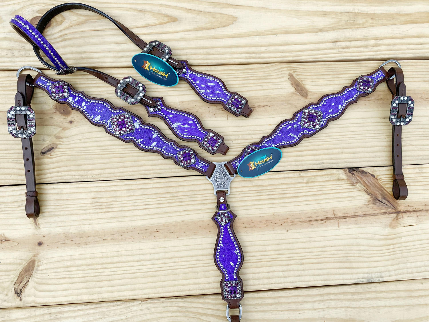 Valentine Day Western Leather Headstall and Breast Collar tack Set for the horse, headstall purple silver metallic acid wash cowhide look